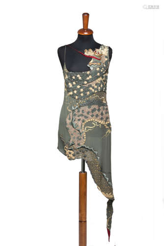 KRIZIAAsymmetric olive green mini-dress embroidered with an oriental style dragon in green, gold and red sequins (tg 42)