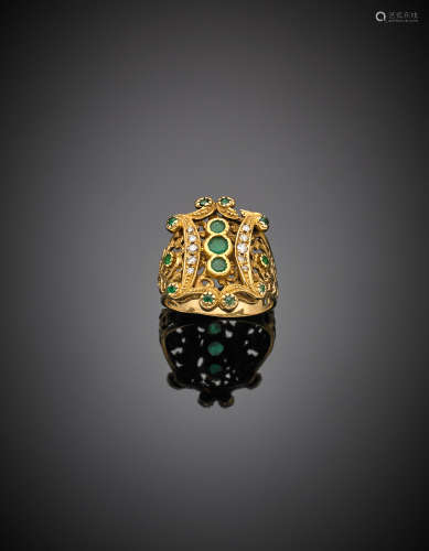 Yellow gold diamond and emerald openwork ring, g 10.04 size 16/56. (slight defects)