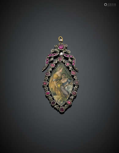Silver ruby and diamond miniature pendant, g 11.60, length cm 6 circa.
