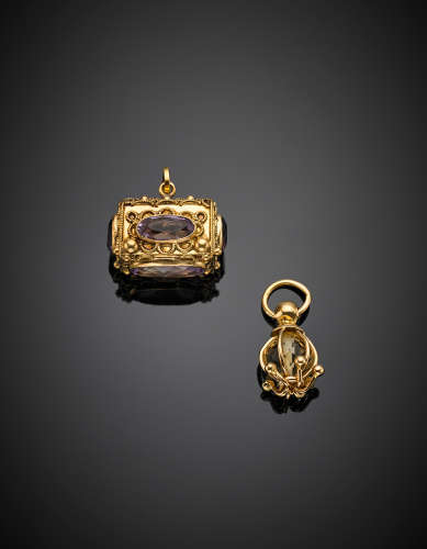Two yellow gold citrine and amethyst quartz pendants, in all g 14.38.