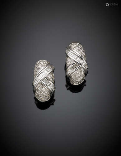 White gold round and baguette diamond weave motif earrings, g 15.25.
