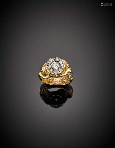 Yellow gold old mine diamond ring as two women holding a basket, g 13.87 size 14/54.