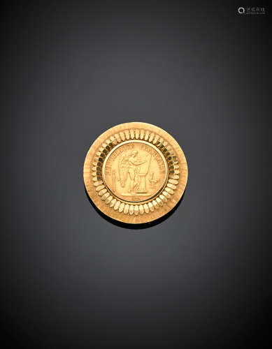 Yellow gold 20 Franc French coin brooch, g 15.16, diam. cm 3.50.