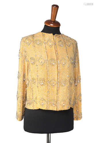 KRIZIALong sleeved mustard sweater embroidered with bugle beads, rhinestones and plastic crystal pendants (size 42) (minor defects)