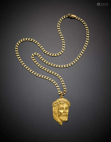 Yellow gold grourmette mesh necklace with a Christ face pendant, g 85.80, length cm 71 circa.