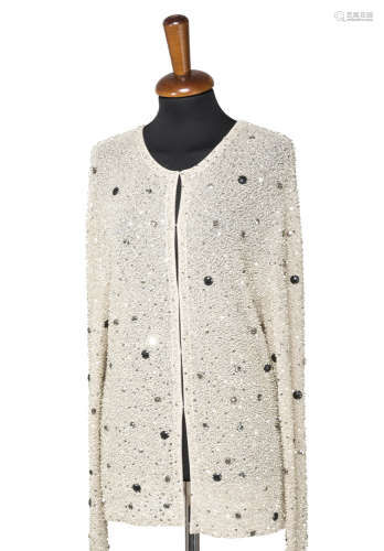KRIZIATaupe coat embroidered with transparent bugle beads, silver sequins, jet and rhinestones (size 48) (minor defects)