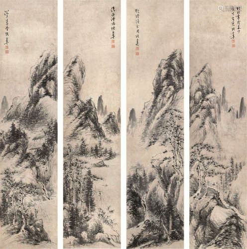 张白英 1871-1949 山水四条屏 纸本镜片