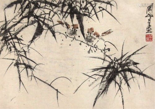 关山月 1912-2000 竹雀图 纸本镜片