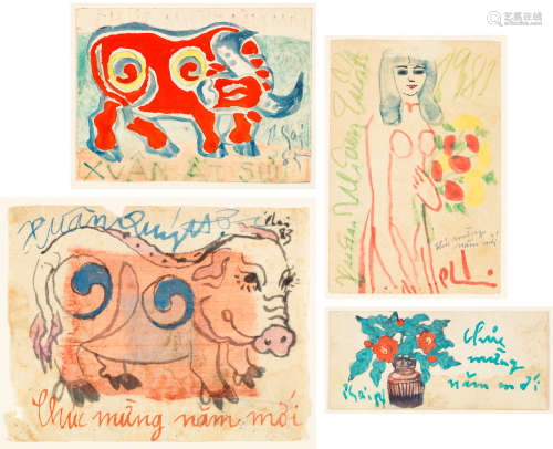 裴春派 公牛（新年祝福）、小猪（新年祝福）、执花女子和瓶花 水彩纸本和水彩水墨纸本 镜框四幅