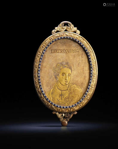 清乾隆 约1760-1770年 广东作铜鎏金嵌宝石西洋人物镜