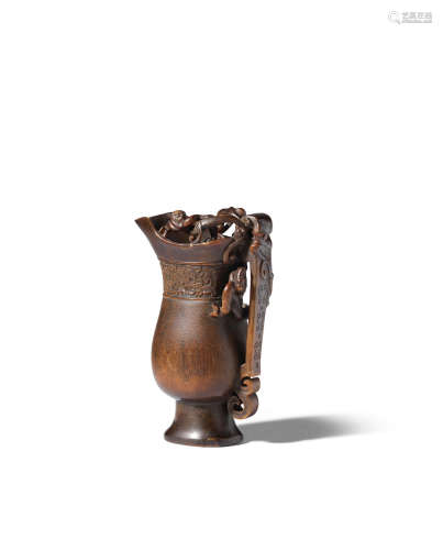十七/十八世纪 犀角雕仿古饕餮纹螭龙耳杯