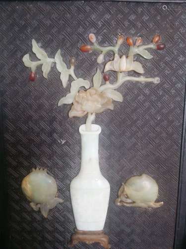 Old Chinese Miniature Table Screen In-laid w. Multi- Color Jade Art