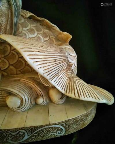 Beautiful Antique Chinese Ivory Goddess on Koi Fish w. Seal