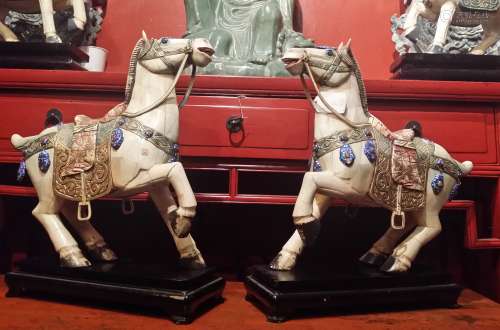 Fine Chinese Bone Mosaic Sculptures Decorated w. Pendants set w. Gem Cabachons