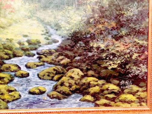 Oil Painting of Sunlit Pines by Chinese Master Han Qua Leung