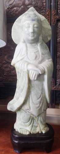 Sacred Chinese Green Jade Guanyin Sculpture on Stand