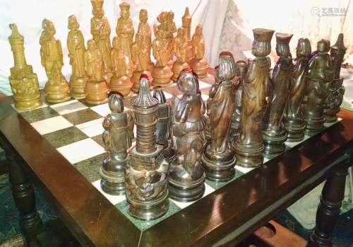 Antique Chinese Teak & Marble Chess Set