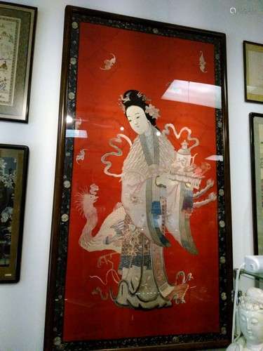8ft Antique Chinese Silk & Gold Thread Embroidery