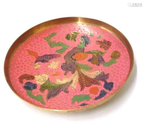 Chinese Cloisonne Plate w/ Peacock & Flora Scenes 8