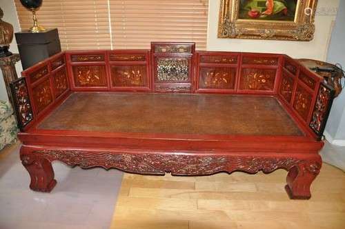 Antique Chinese red lacquered opium bed with wood & iv.ory inlay
