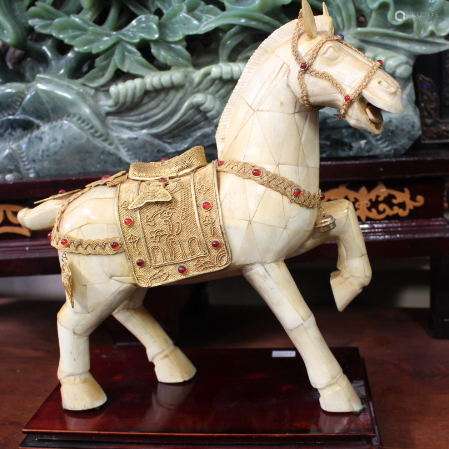 Chinese Horses Decorated w. Silver Gold Leaf & Gems