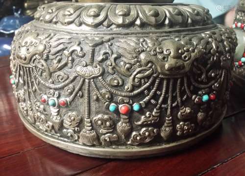 Tibetan Old Huge 22K Gold Washed Silver Incensor w. Translucent Jadeite Medallions, Turquoise & Red Coral