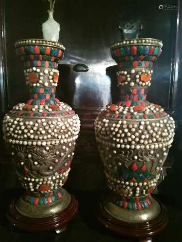 Large Pair of Ancient Silver Tibetan Jeweled Dragon Vases