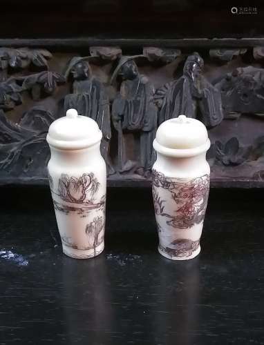 Pair of Collectible Chinese Bone Snuff Bottles w. Chinese Characters