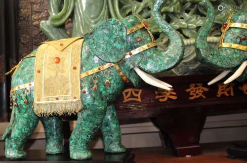 Large Chinese Malachite Mosaic Elephants Decorated w. Gold Leaf Silver & Gems