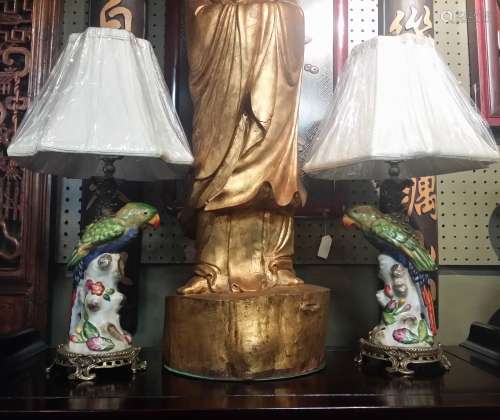 Vintage Fine Chinese Porcelain Enamel Parrot Lamps