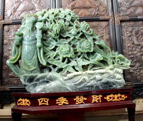 Huge Chinese Jade Sculpture God of Wealth Holding Pot of Gold & Magic Wand, pair of love birds
