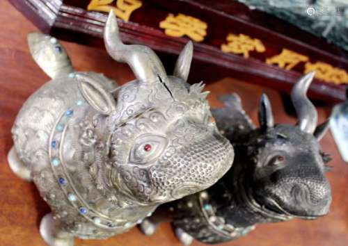 Pair of Jeweled Chinese Gold Washed Silver Kirlin Lions