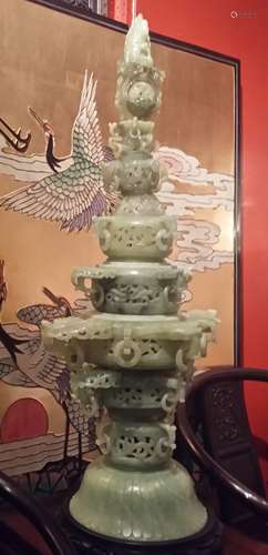 Tall Chinese Translucent Green Jadeite Temple Sculpture