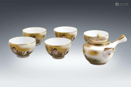 十九世紀  九谷燒繪壽翁紋茶具一組六件