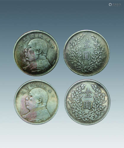 民国银币一组2枚（民国六年、三年签字版）