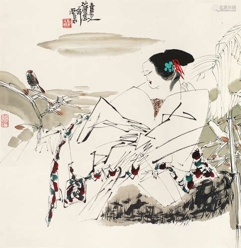 王西京（b.1946） 人物斗方 立轴 设色纸本