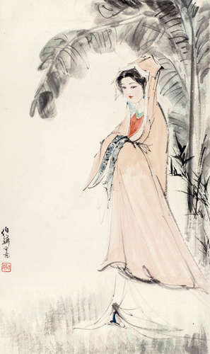 白伯骅（b.1944） 芭蕉仕女 镜心 设色纸本