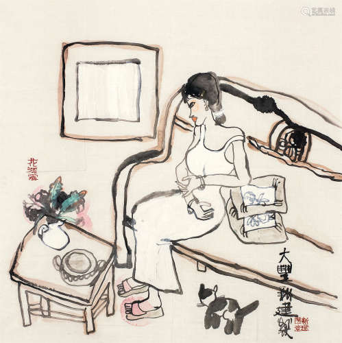 朱新建（1953～2014） 白裙少女 镜心 设色纸本