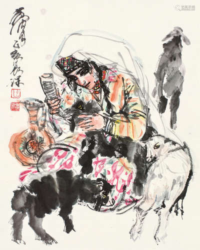 黄胄（1925～1997） 育羔图 立轴 设色纸本