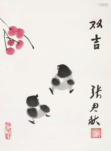 张君秋（1920～1997） 双吉 立轴 设色纸本