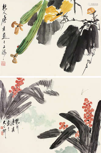 唐云（1910～1993） 花鸟 （二帧） 立轴 设色纸本