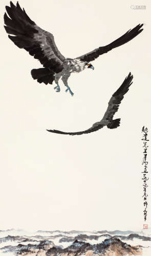 吴作人（1908～1997） 鹰击长空 立轴 设色纸本