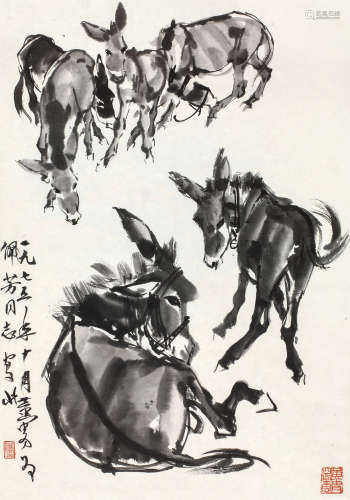 黄胄（1925～1997） 群驴 镜心 水墨纸本