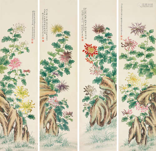 黄山寿（1855～1919） 花卉 四屏立轴 设色纸本
