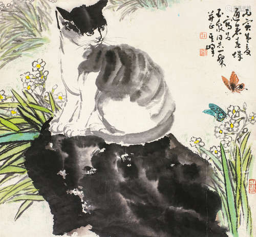 孙其峰（b.1920） 猫蝶图 立轴 设色纸本