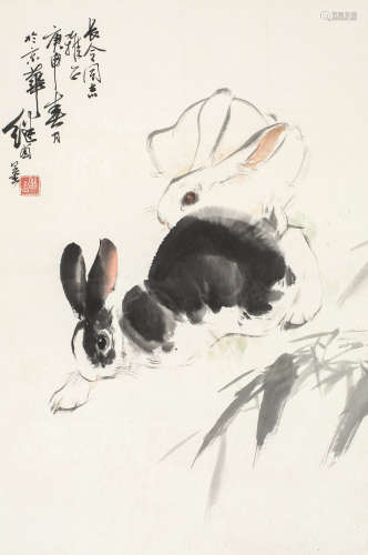 刘继卣（1918～1983） 竹叶双兔 镜心 设色纸本