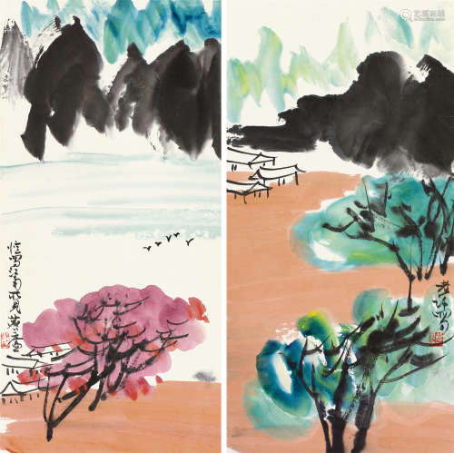 许麟庐（1916～2011） 山水 二屏立轴 设色纸本