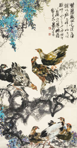 岳祥舒（1913～1979） 紫藤大吉 立轴 设色纸本