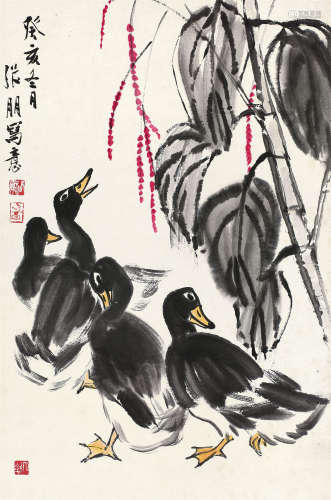 张朋（1918～2009） 鸭趣图 立轴 设色纸本