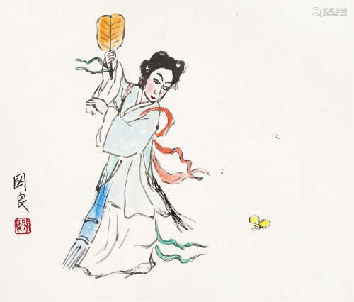 关良（1900～1986） 宝钗扑蝶 镜框 设色纸本